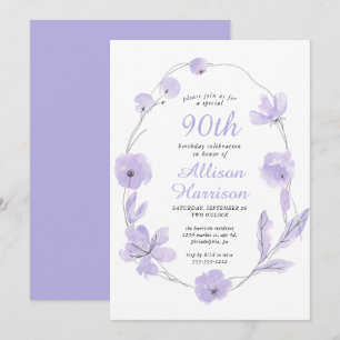 Invitación Floral Watercolor Lavender 90th Birthday Party
