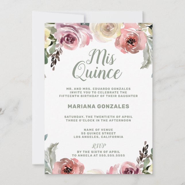 Invitación Floral Watercolor Mis Quince Quinceanera (Anverso)