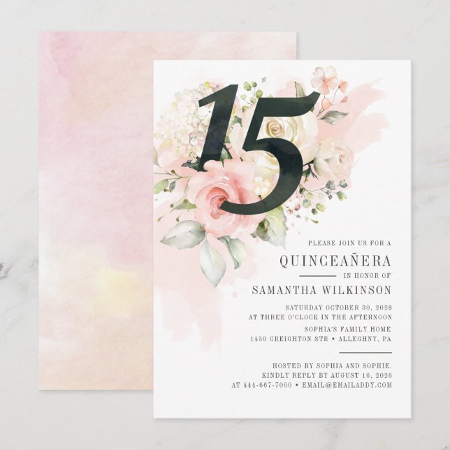 Invitación Floral Watercolor Quinceanera Fiesta de cumpleaños (Anverso / Reverso)