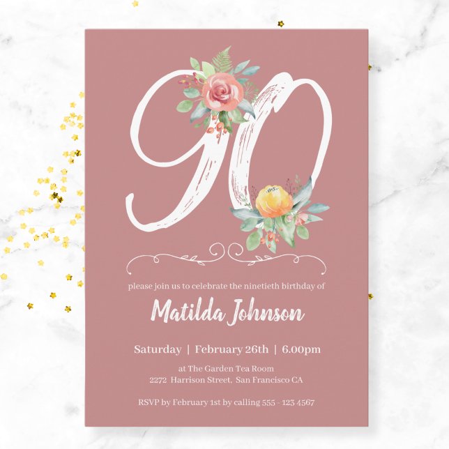 Invitación Floral Watercolor Rubor Pink 90 cumpleaños (Mockup View)