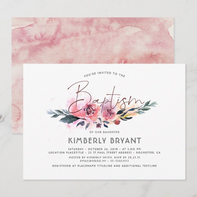 Invitación Floral Watercolor Script Elegante Bautismo (Anverso / Reverso)