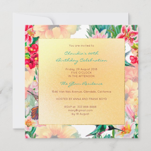 Invitación Floral Watercolor Spring Event Birday Gold (Anverso)