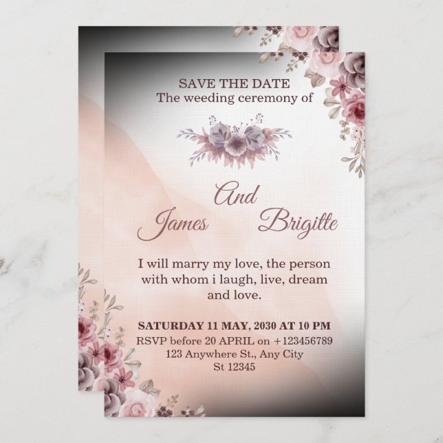 Invitación Floral Wedding Invitation CARD modern design (Anverso / Reverso)