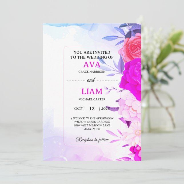 Invitación Floral Wedding Invitation in Blue & Turquoise (Anverso de pie)