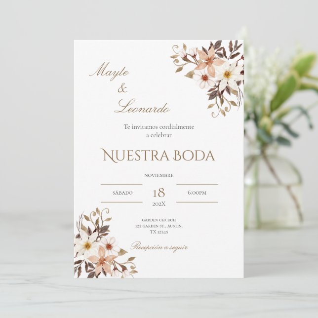 Invitación  Floral wedding invitation in Spanish (Anverso de pie)