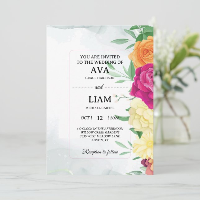 Invitación Floral Wedding Invitation with Modern Framed Text (Anverso de pie)
