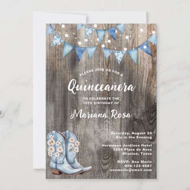 Invitación Floral Western Boots Quinceanera Birthday Party (Anverso)