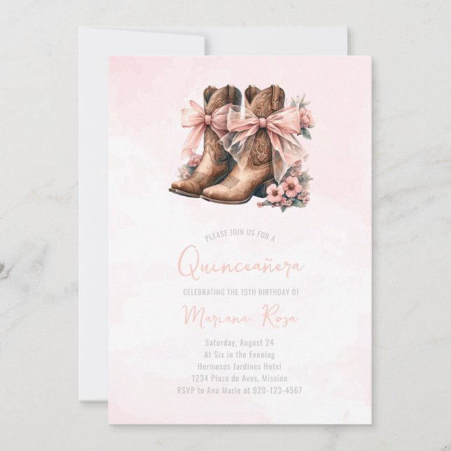 Invitación Floral Western Boots Quinceanera Cumpleaños (Anverso)