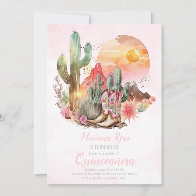 Invitación Floral Western Boots Quinceanera Cumpleaños (Anverso)