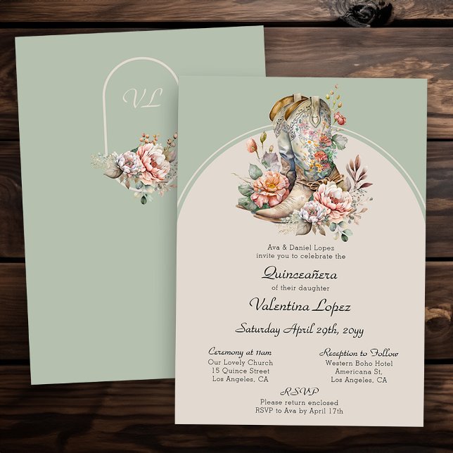 Invitación Floral Western Boots Rustic Boho Quinceanera (Mass and Reception quince invitation from my Boho Floral Cowgirl Boots Quinceanera Collection)