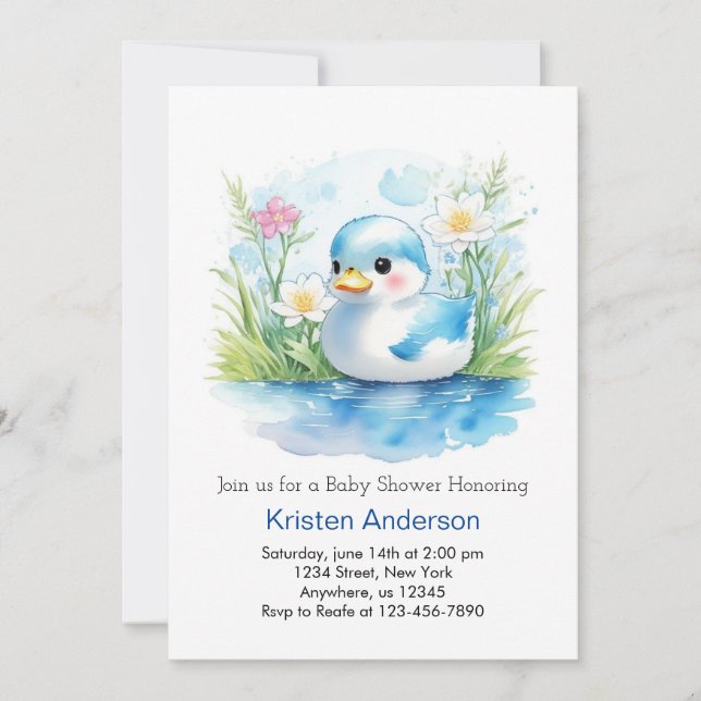 Invitación Floral Whimsical Duck Boy Baby Shower (Anverso)