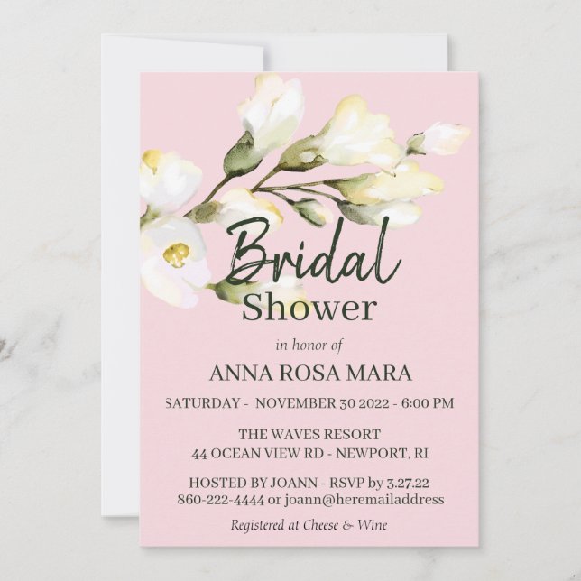 Invitación *~* Floral White Beach Rosa acuarela Bridal Invi (Anverso)