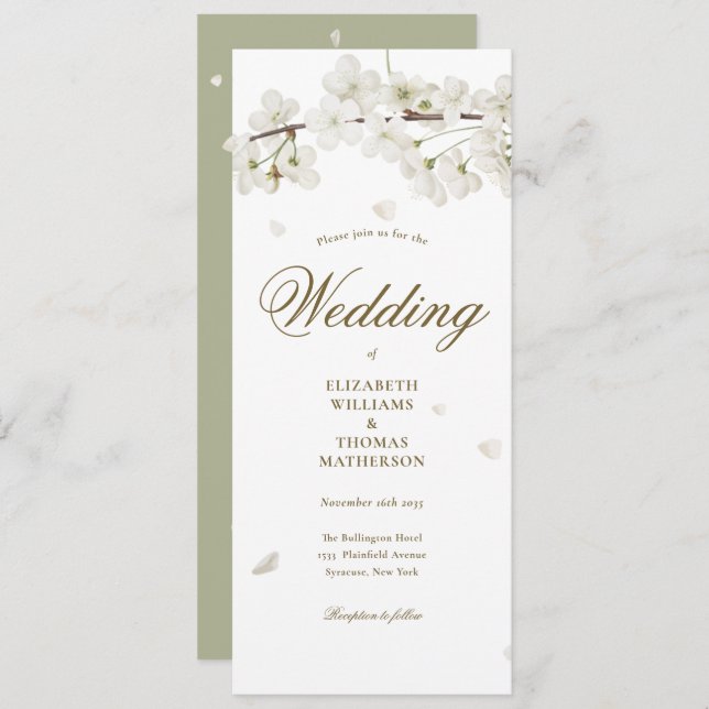 Invitación Floral White Blossom Gold Script Boda (Anverso / Reverso)
