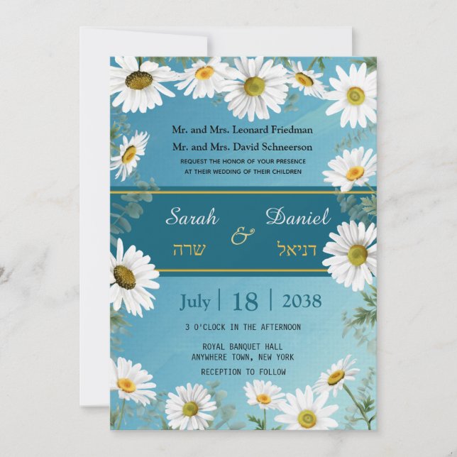 Invitación Floral White Daisies Boda Verde azulada Elegante (Anverso)