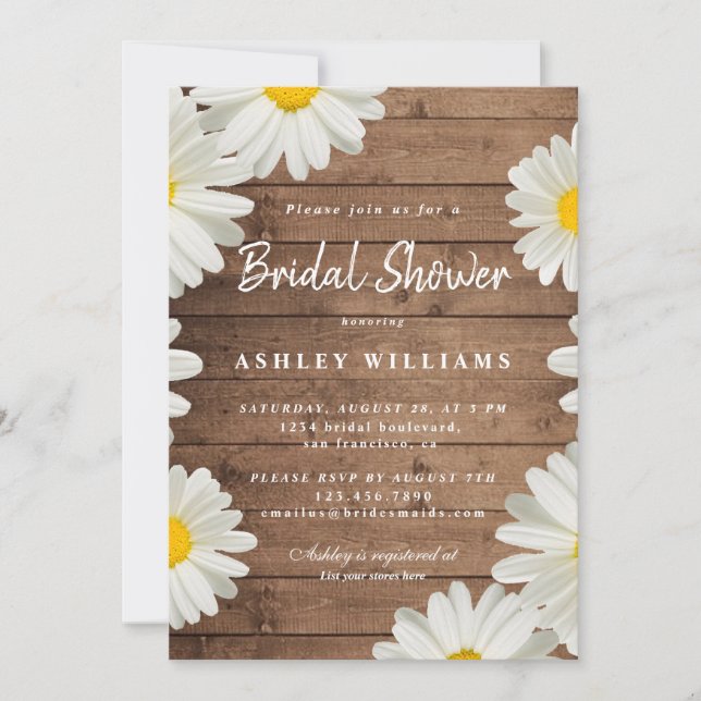 Invitación Floral White Daisies Rustic Wood Bridal Shower (Anverso)