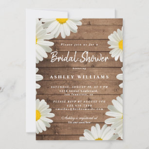 Invitación Floral White Daisies Rustic Wood Bridal Shower