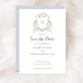 Invitación Floral White Dusty Blue Crest Save the Date