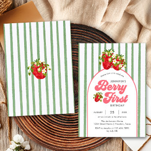 Invitación Floral White Green Strawberry Berry 1º cumpleaños