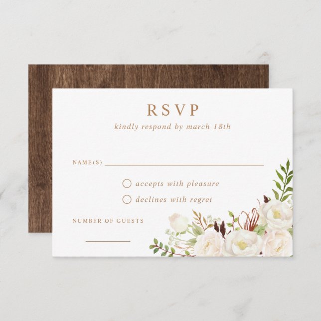 Invitación Floral White Greenery Boda de Madera Rústica RSVP (Anverso / Reverso)