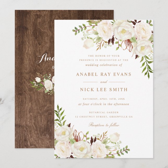 Invitación Floral White Greenery Rustic Wood Boda (Anverso / Reverso)