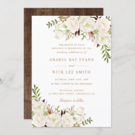 Invitación Floral White Greenery Rustic Wood Boda