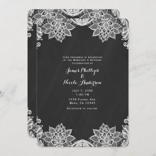 Invitación Floral White Lace Black Chalkboard Country Wedding
