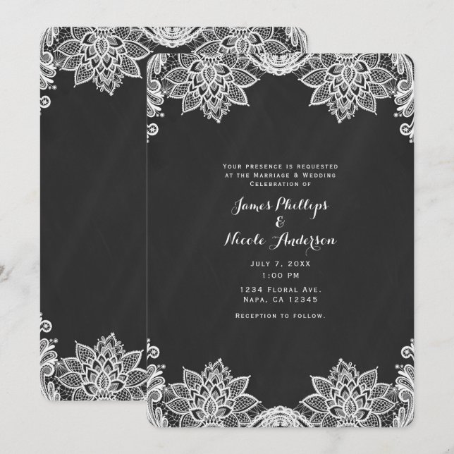 Invitación Floral White Lace Black Chalkboard Country Wedding (Anverso / Reverso)