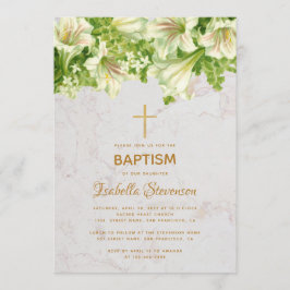 Invitación Floral White Lilis Marble Gold Cross Baptism