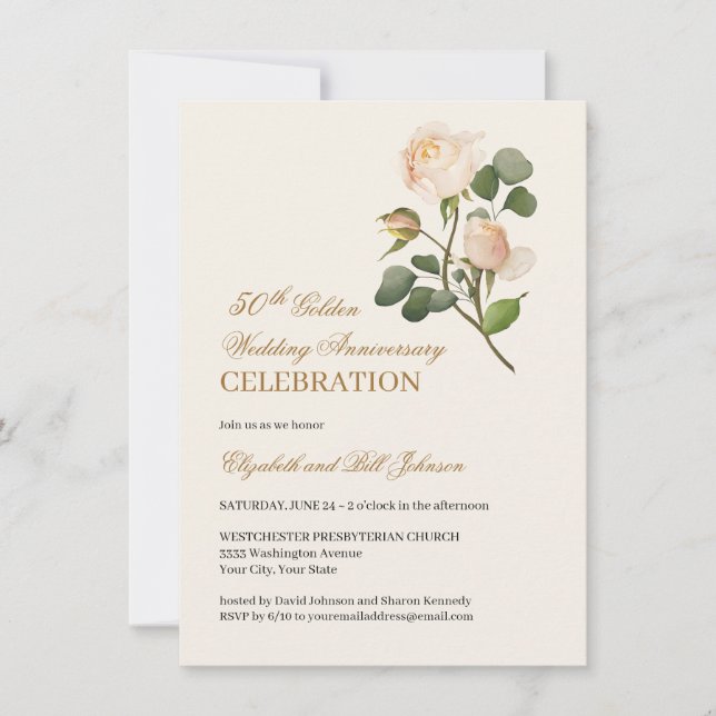 Invitación Floral White Rose Gold 50 años Boda (Anverso)
