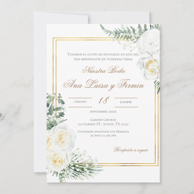 Invitación Floral White Spanish Wedding Invitation (Anverso)