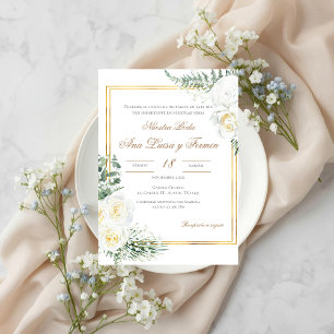 Invitación Floral White Spanish Wedding Invitation