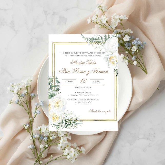 Invitación Floral White Spanish Wedding Invitation (Subido por el creador)