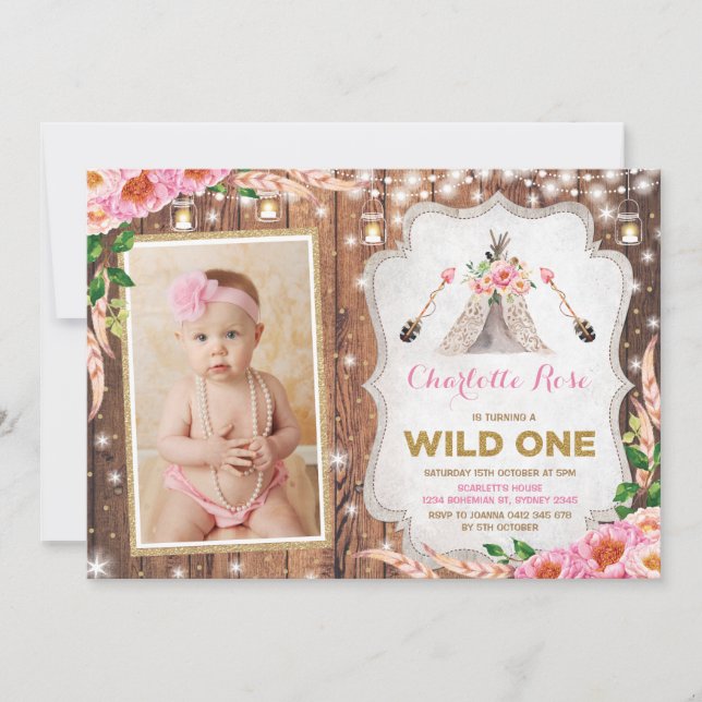 Invitación Floral Wild One First Birthday Rustic Teepee Fiest (Anverso)