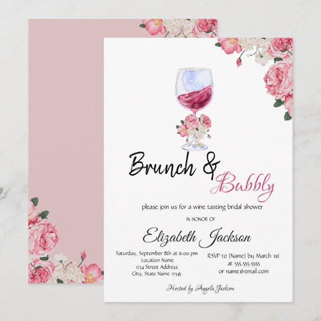 Invitación Floral Wine GlasS Brunch & Bubbly Bridal Shower (Anverso / Reverso)