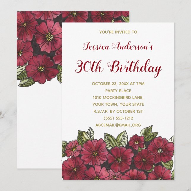 Invitación Floral Wine Gold Invite a cumplir 30 años (Anverso / Reverso)