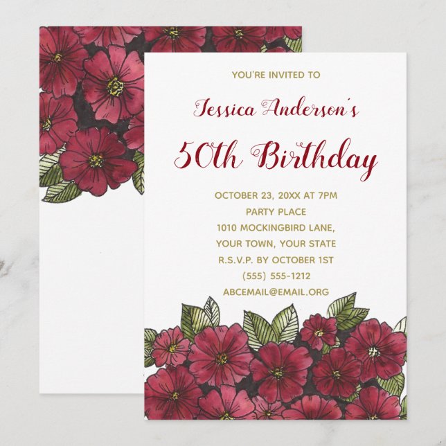 Invitación Floral Wine Gold Invite a cumplir 50 años (Anverso / Reverso)