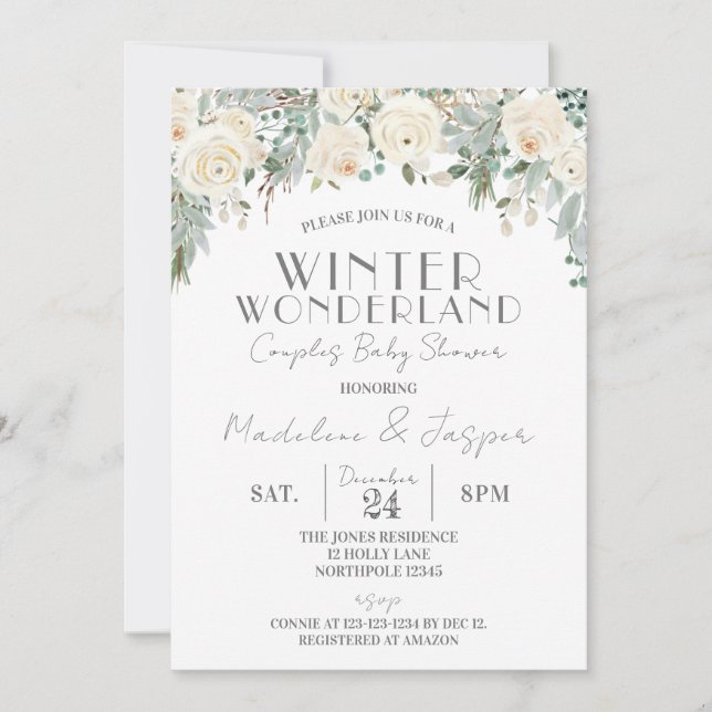 Invitación Floral Winter Wonderland, Parejas Baby Shower (Anverso)