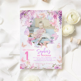 Invitación Floral Wisteria Mariposa Niños Foto Cumpleaños