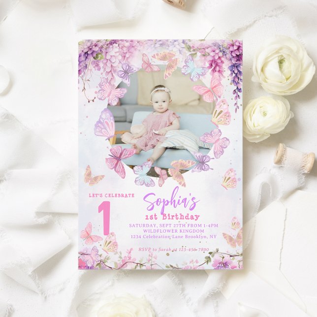 Invitación Floral Wisteria Mariposa Niños Foto Cumpleaños (Subido por el creador)
