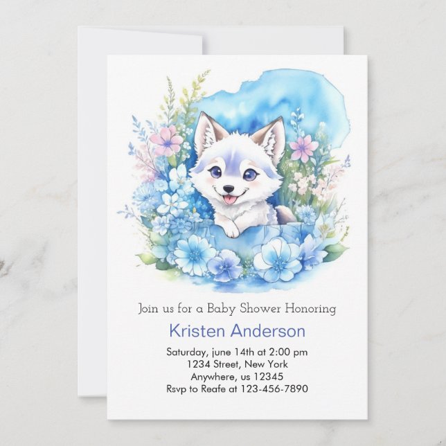 Invitación Floral Wolf Encantado Woodland Boy Baby Shower (Anverso)