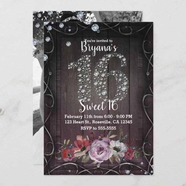 Invitación Floral Wood Diamond Bling 16 Fotos de la fiesta de (Anverso / Reverso)