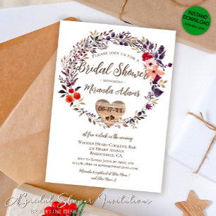 Invitación Floral Wooden Heart Rústic Bridal Shower
