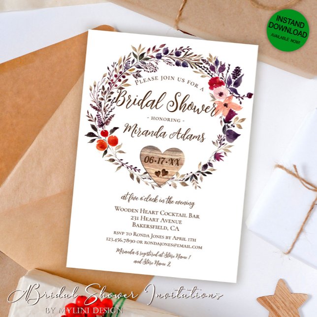Invitación Floral Wooden Heart Rústic Bridal Shower (Subido por el creador)