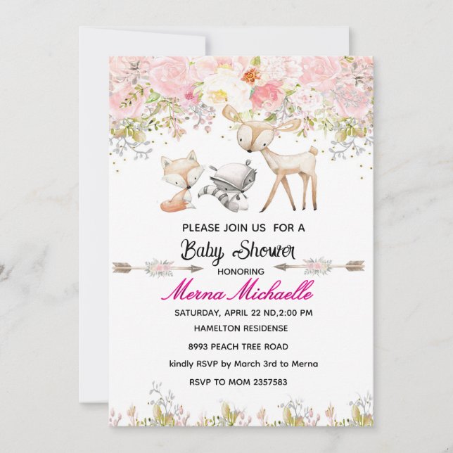 Invitación floral woodland animal baby shower invitation (Anverso)