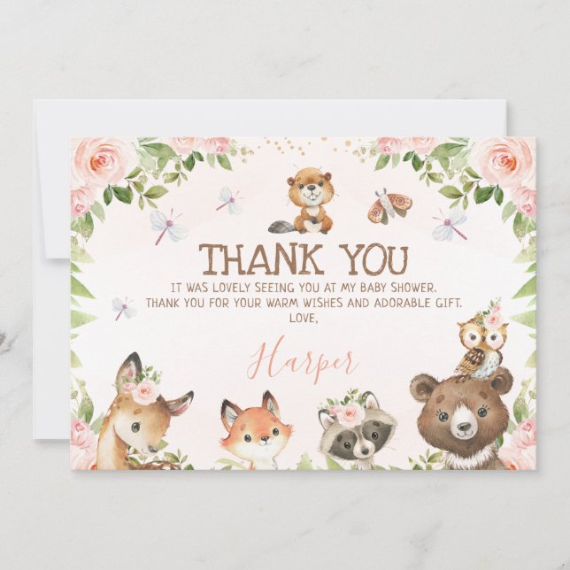 Invitación Floral Woodland Animales Baby Shower Gracias Tarje (Anverso)