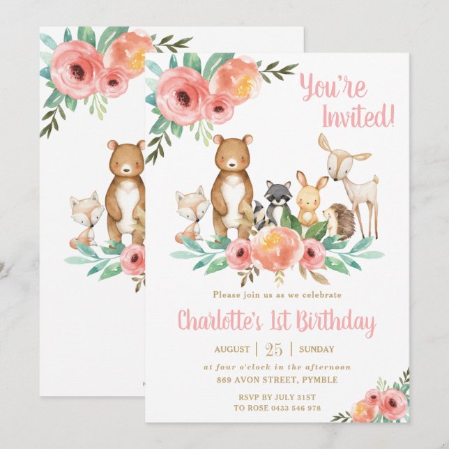 Invitación Floral Woodland Animales Birthday Party Forest Chi (Anverso / Reverso)