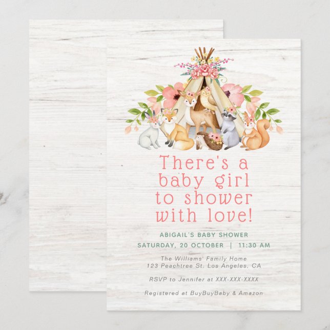 Invitación Floral Woodland Animales Camping Chica Baby Shower (Anverso / Reverso)
