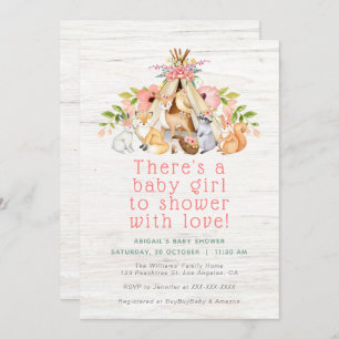 Invitación Floral Woodland Animales Camping Chica Baby Shower