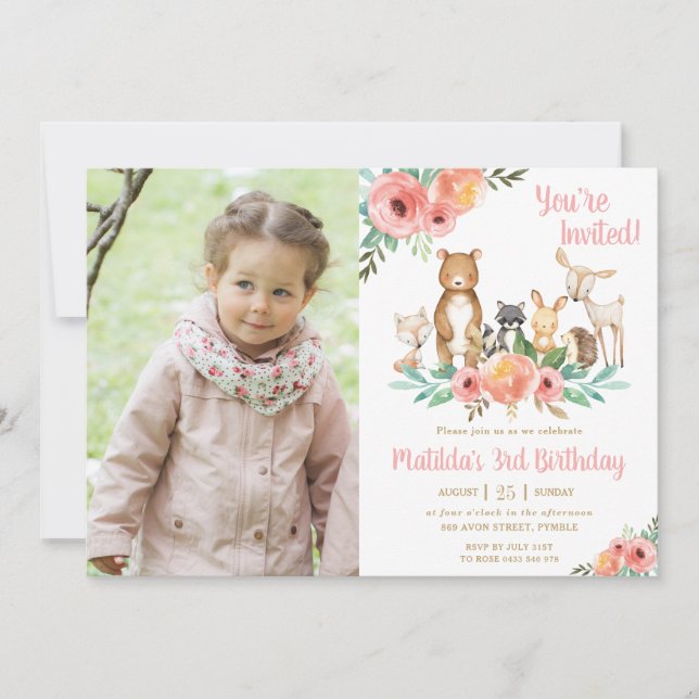 Invitación Floral Woodland Animales de Birthday Party Chica F (Anverso)