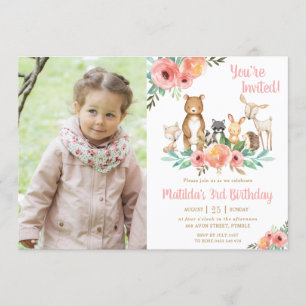 Invitación Floral Woodland Animales de Birthday Party Chica F